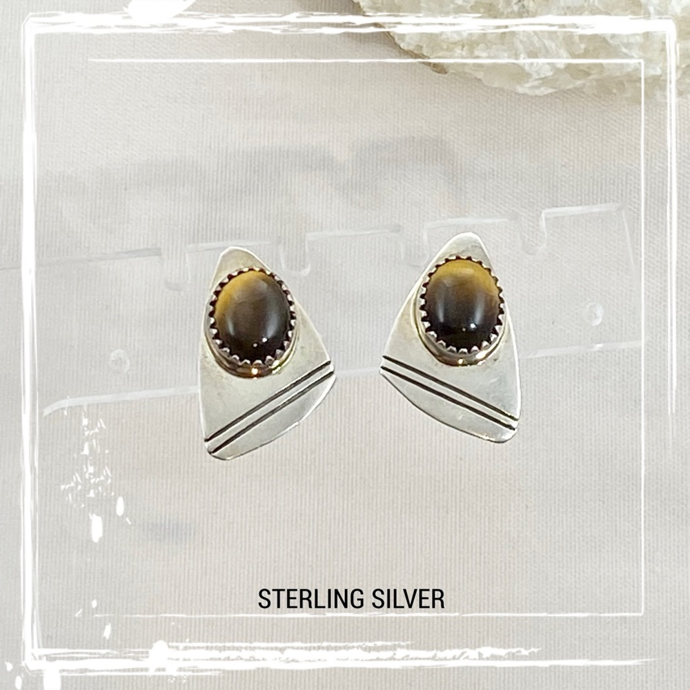 SIGNED-Herbert Cayatineto Navajo Sterling Silver Tiger’s Eye Clip On Earrings - Picture 6 of 11
